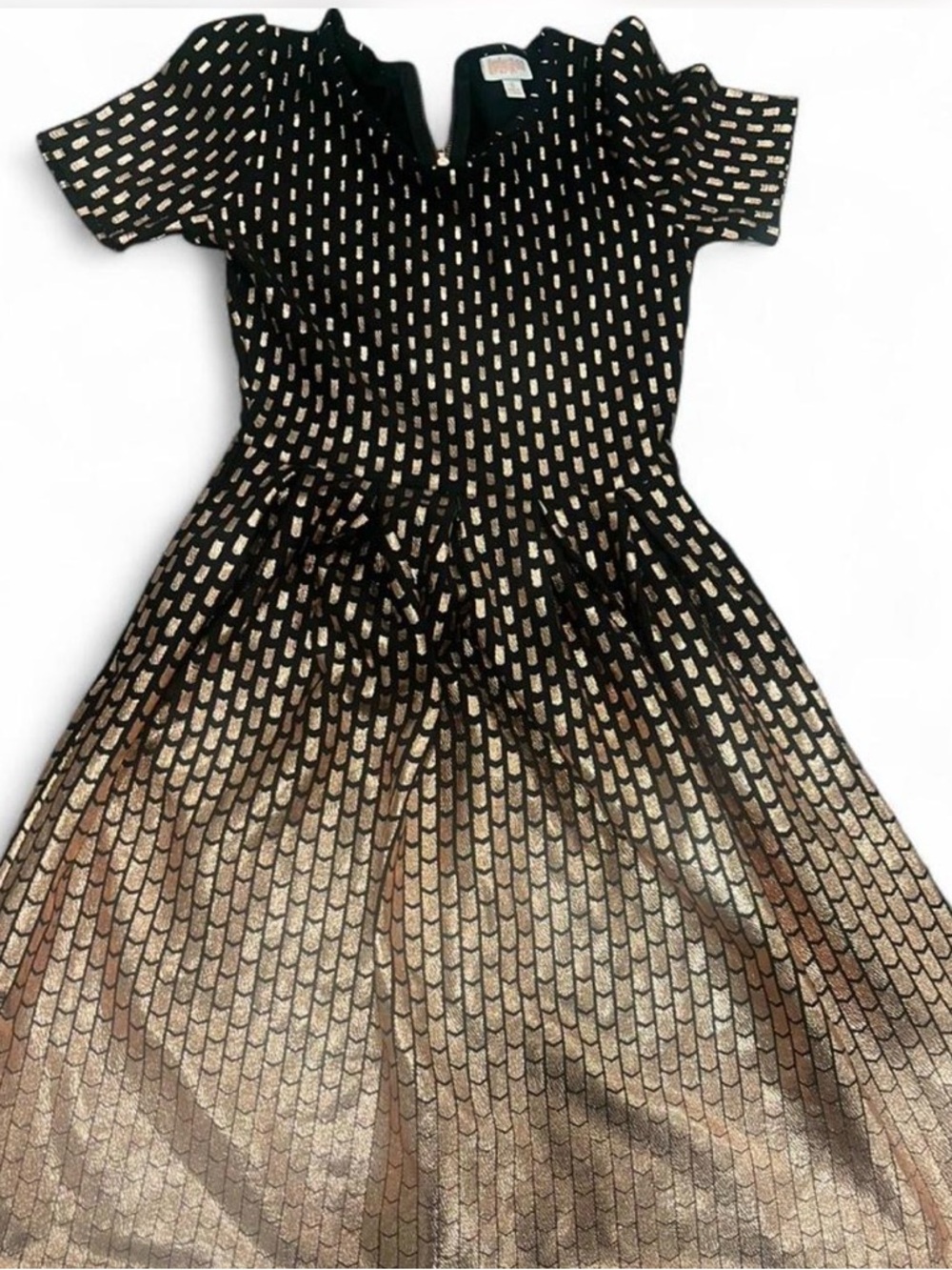 Lularoe Amelia Elegant Dress rose gold zipper and geometric metallic print S